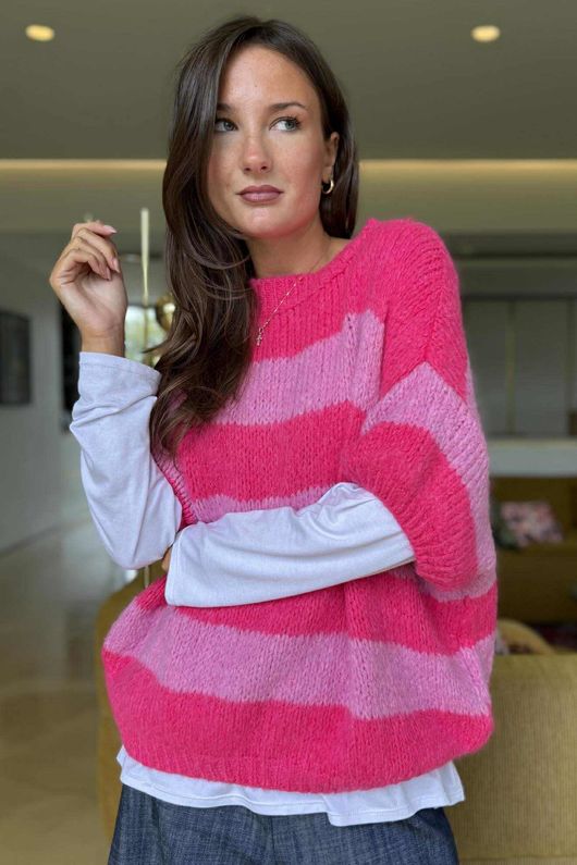  Big Softie Block Stripe Cap Sleeve Knit Top Bubblegum /15=